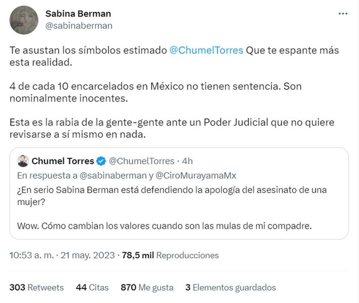 Respuesta de Sabina Berman al tuit de Chumel Torres. Foto: captura de pantalla