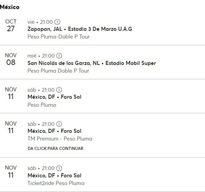 Estos son los conciertos que aparecen en la página de Ticketmaster. Foto: Captura de pantalla