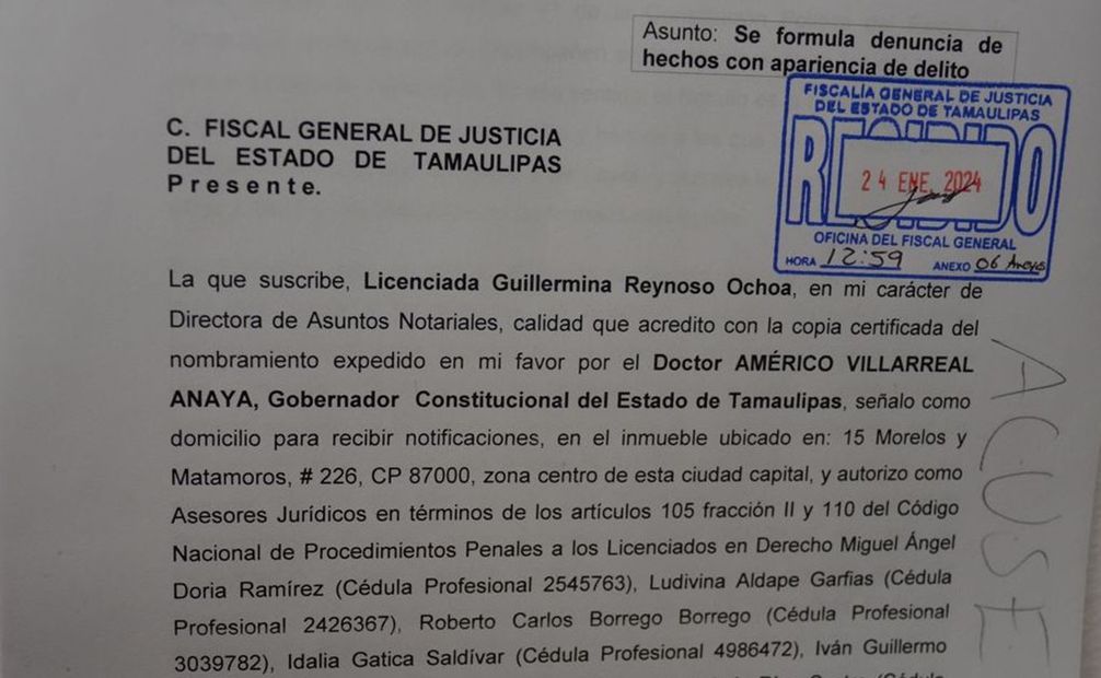La directora de asuntos notariales del Gobierno del Estado, Guillermina Reynoso Ochoa, presentó una denuncia de hechos en contra del exgobernador de Tamaulipas. Foto: Especial.