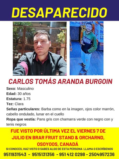 Carlos Tomás Aranda Burgoin fue reportado como desaparecido desde el 7 de julio, en Osoyoos, Canadá. FOTO: ESPECIAL