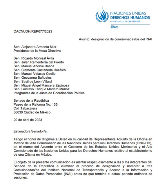 Carta de ONU-DH en donde solicita designación de dos comisionados del INAI. Foto. Especial