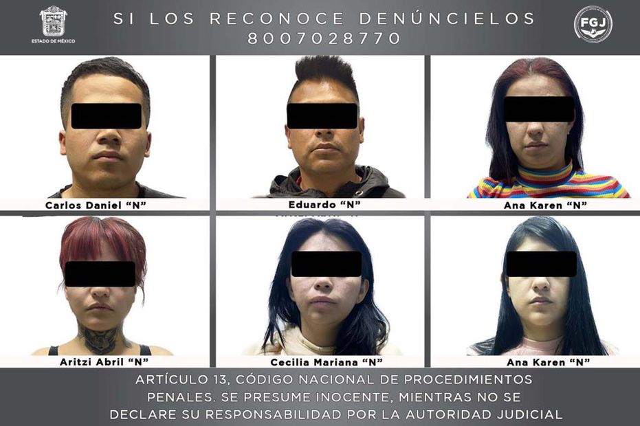 Los detenidos son: Aritzi Abril “N”, Ana Karen “N”, Cecilia “N”, Ana Karen “N N”, Eduardo “N” y Carlos Daniel “N” Foto: Especial