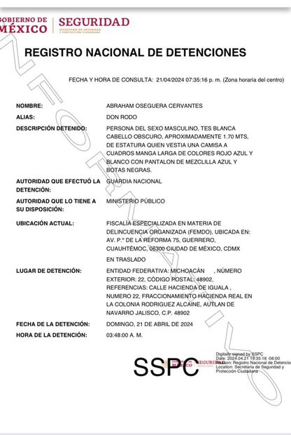 Registro  Nacional de Detenciones del hermano de "El Mencho". Imagen: Especial