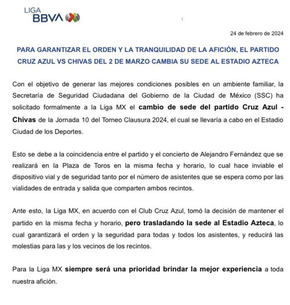 Comunicado de la Liga MX sobre el cambio de sede del Cruz Azul vs Chivas - Foto: Liga MX