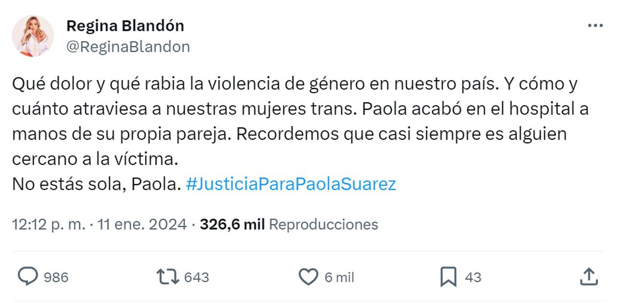 Regina Blandón muestra su apoyo a Paola Suárez, la mujer trans que fue agredida por su pareja.