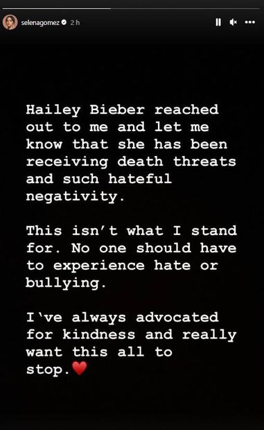 Selena Gomez pide frenar el odio en contra de Hailey Bieber. Foto: Instagram.