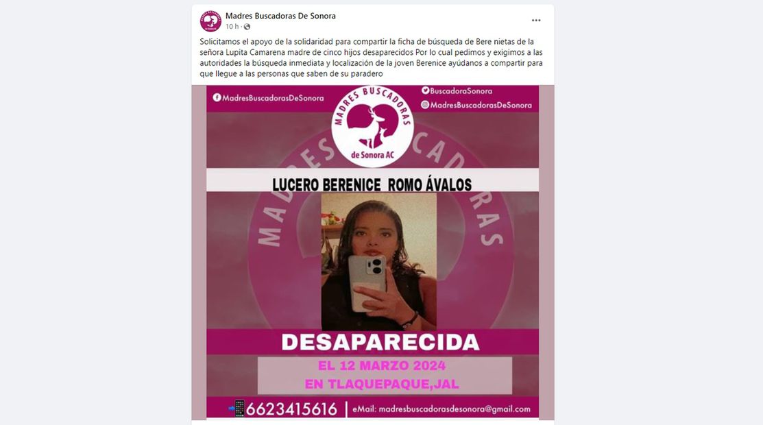 Madres Buscadoras, solicitan apoyo para encontrar a Lucero. Foto: Especial