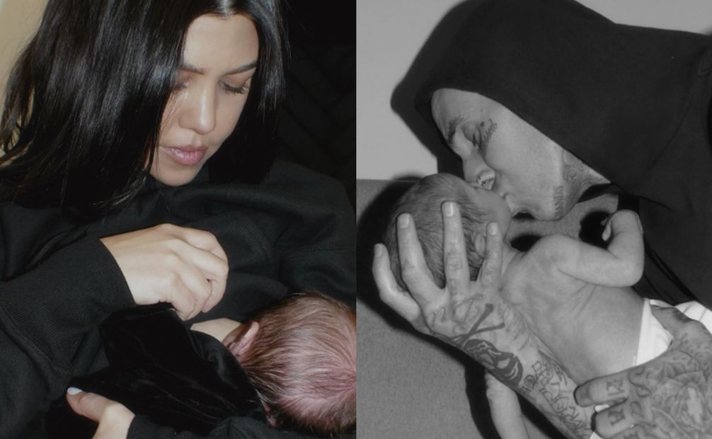 Kourtney Kardashian y Travis Barker con su bebé Rocky. Foto: Instagram oficial.