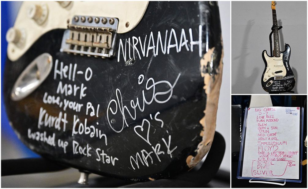 Guitarra eléctrica destrozada por Kurt Cobain, el fallecido líder de la banda grunge Nirvana, se vendió este fin de semana  Fotos: AFP.