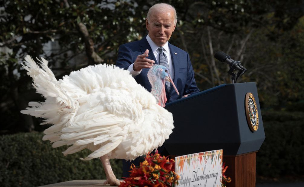 El presidente Joe Biden indultó a los pavos nacionales del Día de Acción de Gracias, Liberty y Bell, durante una ceremonia en el jardín sur de la Casa Blanca. FOTO: AFP