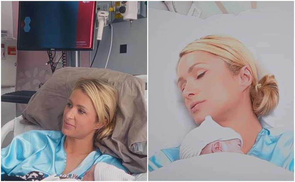 Paris Hilton aparece en cama de hospital y bata sosteniendo a su hijo recién nacido.
