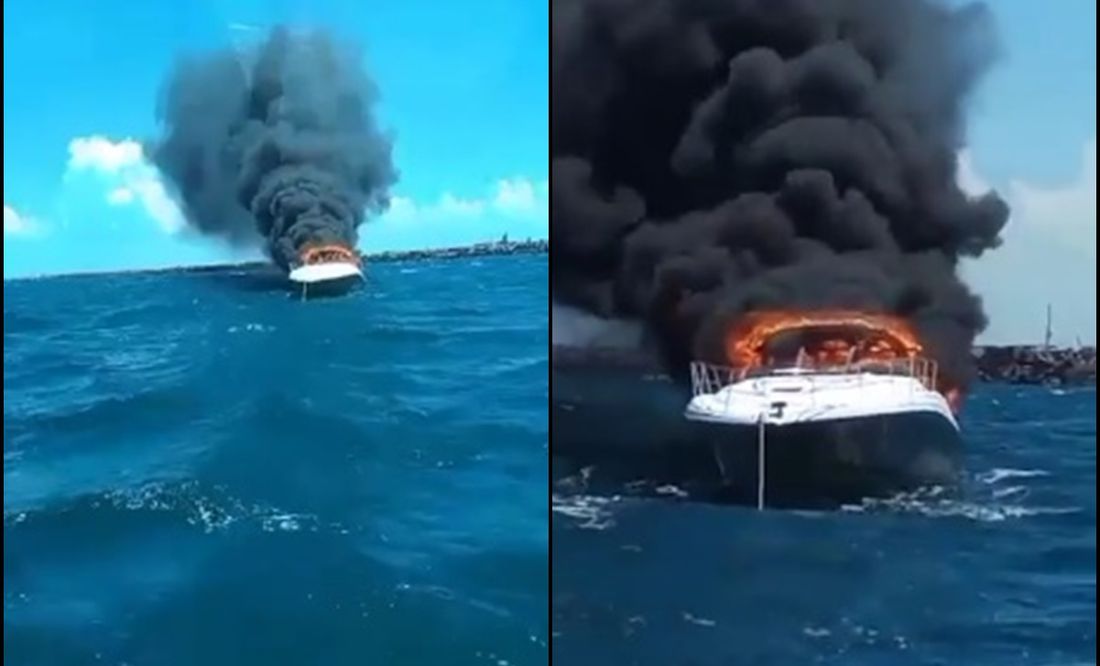 VIDEO: Se incendia yate en Progreso, Yucatán; tripulantes se arrojan al mar