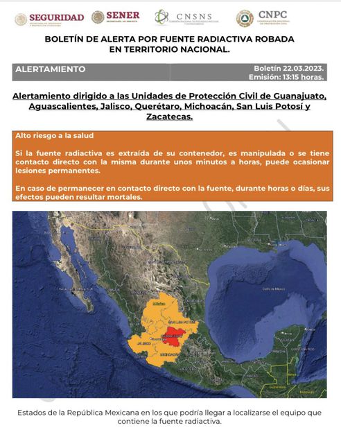 Comisión de Seguridad Nuclear alerta por robo de equipo radioactivo en Guanajuato