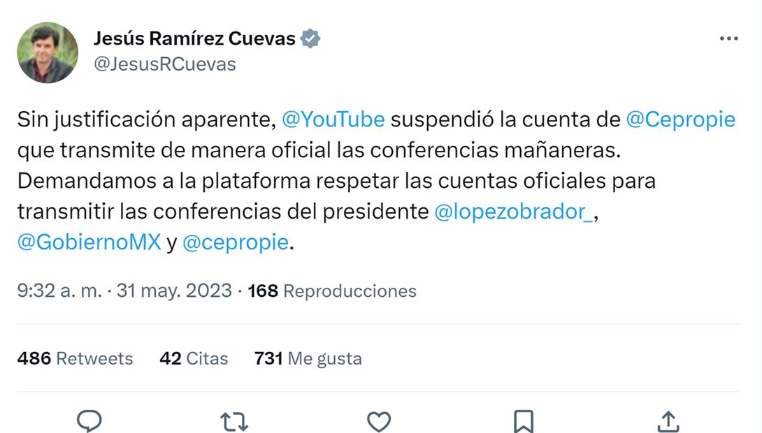 Jesús Ramírez Cuevas, vocero de Presidencia, denunció que YouTube suspendió “sin justificación aparente” la cuenta del Cepropie. Foto: captura de video