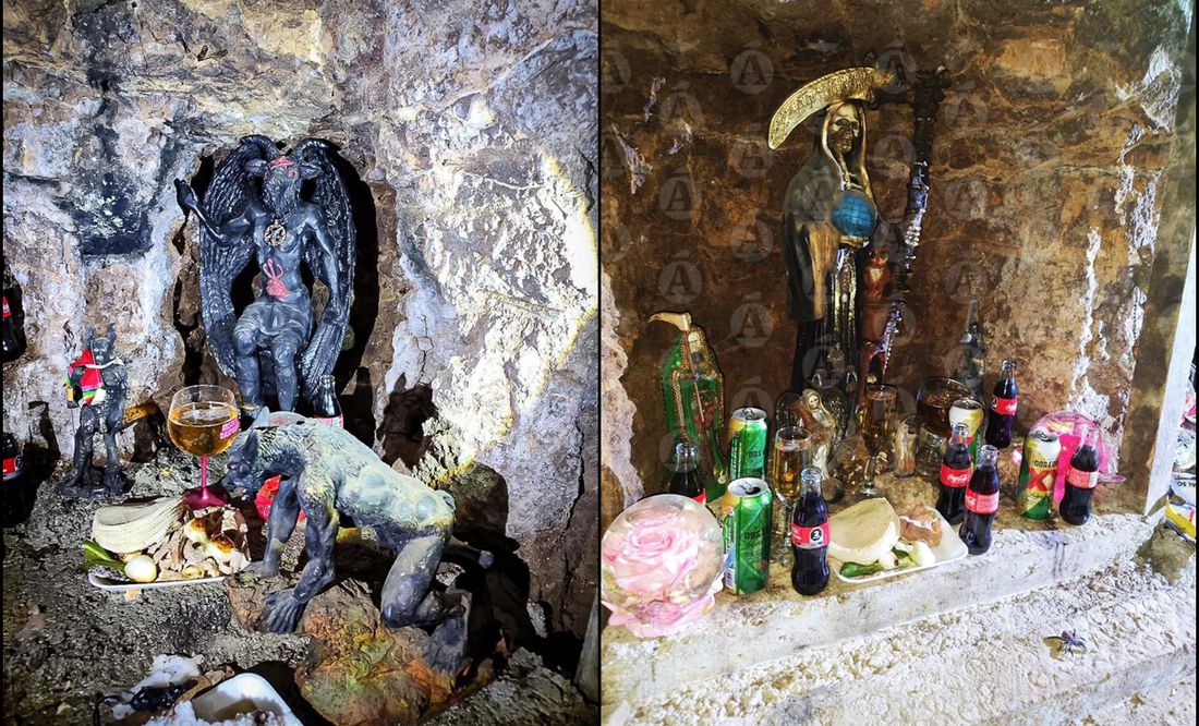 Hallan altares a la Santa Muerte y Satanás con ofrendas en túnel huachicolero en Hidalgo: FOTOS