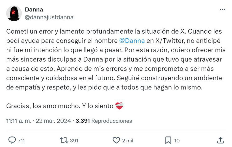 Danna Paola comparte disculpa en X.
