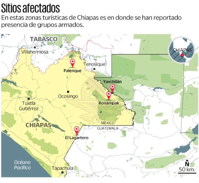 Zonas turísticas de Chiapas donde se ha reportado presencia de grupos armados.