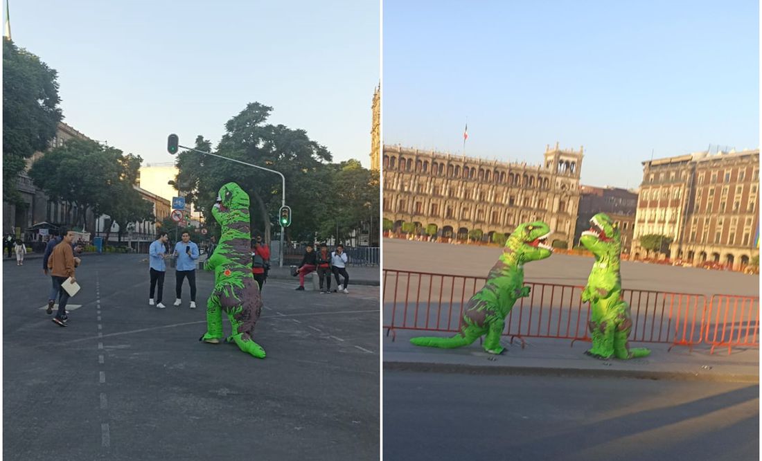 Acompañada de botargas de dinosaurios, Xóchitl Gálvez acude a Palacio Nacional