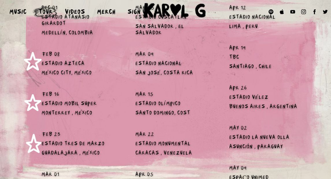 Karol G anuncia fechas en México. Las estrellas en la imagen fueron añadidas para destacar las fechas de los conciertos en el país. Foto: Captura de pantalla