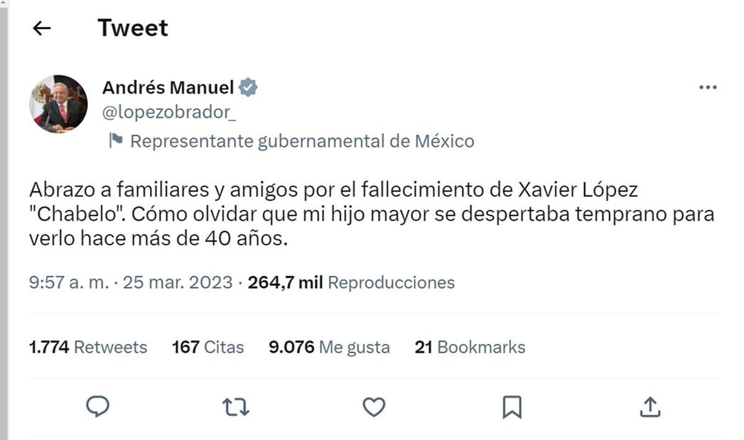 AMLO lamenta muerte de Chabelo. Foto: Twitter @lopezobrador_