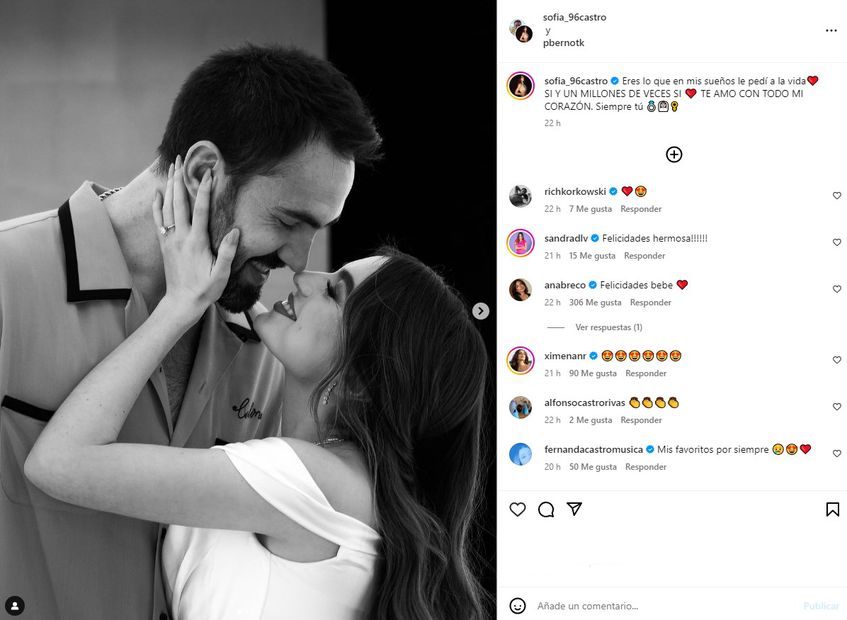 A través de su cuenta de Instagram, Sofía Castro confirmó su compromiso con el empresario Pablo Bernot. / Foto: Instagram @sofia_96castro.