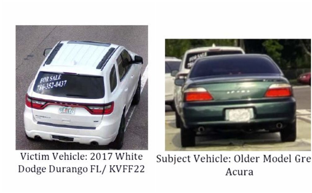 Auto de la víctima, Dodge Durango blanco y auto de los sospechosos, sedan Acura. Foto: Oficina del Alguacil del Condado Seminole