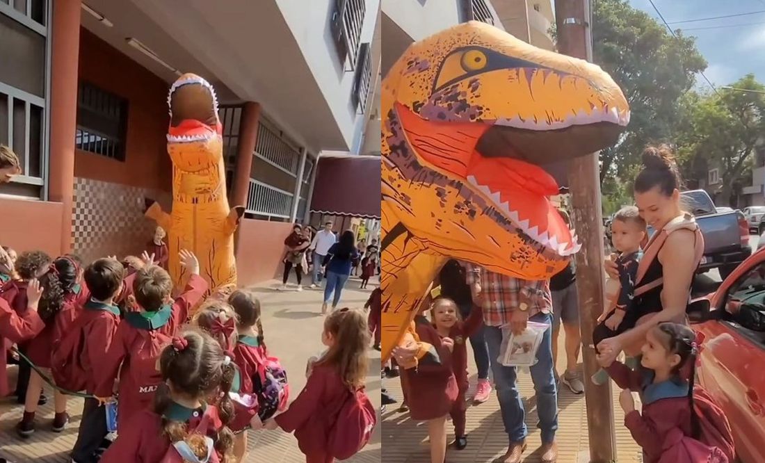 VIDEO: Abuelita se viraliza por llegar a escuela de su nieto con botarga de dinosaurio