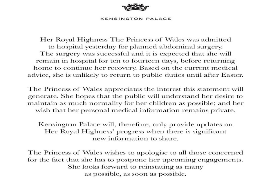 La princesa de Gales, Kate Midelton, de 42 años, fue ingresada en la London Clinic de la capital británica.