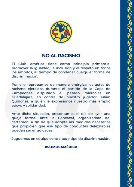 El comunicado del América ante los actos racistas que sufrió Julián Quiñones contra Chivas - Foto: Club América