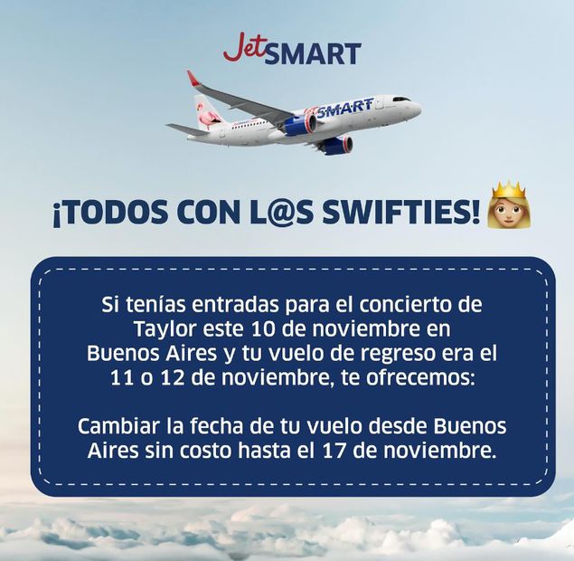 Comunicado de JetSMART Airlines sobre concierto de Taylor Swift. Foto: Instagram