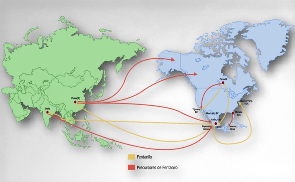 En 2022 la FGR presentó un informe sobre las rutas del fentanilo que vienen desde Asia y pasan por México para llegar a EU/ Foto: Informe Centro Investigación y análisis contra el narcotráfico marítimo