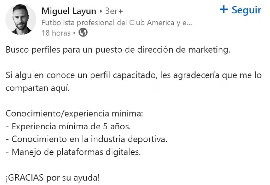 Miguel Layún ofrece trabajo en red social