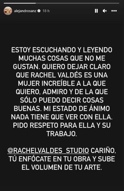 Alejandro Sanz defiende a su ex Rachel Valdés.