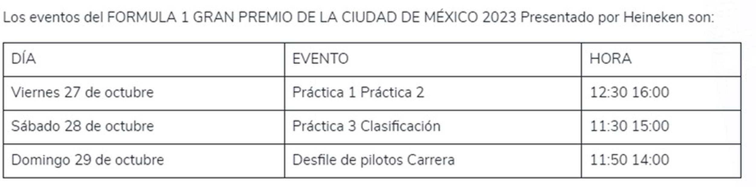 Horarios en el Gran Premio de México de la F1. Foto: Captura de pantalla tomada del sitio oficial