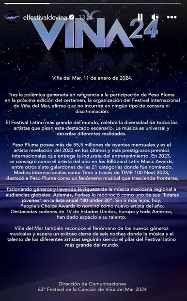 El Festival Viña del Mar confirma con comunicado la asistencia del cantante Peso Pluma.