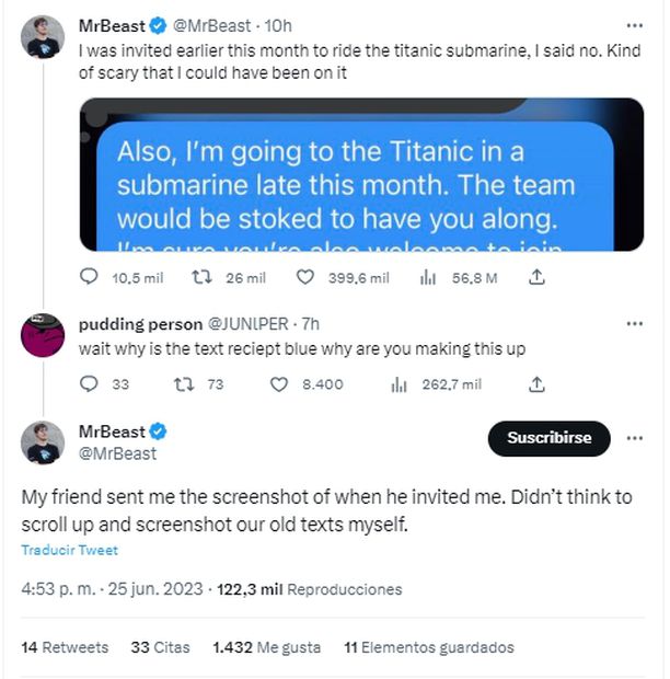 Mr. Beast declina invitación a submarino al Titanic. / Foto: Captura de pantalla Twitter.