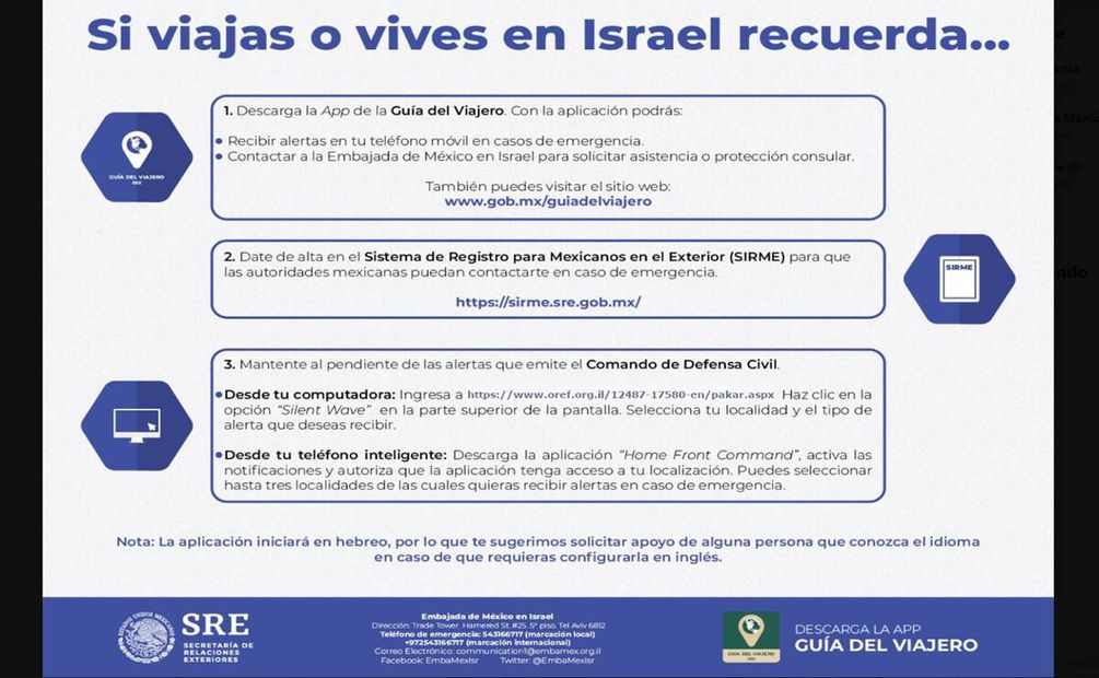 La embajada de México en Israel pidió a los connacionales en ese país registrarse o mantener actualizados sus datos y los de sus familiares en el Sistema de Registro para Personas Mexicanas en el Exterior (SIRME). Foto: @EmbaMexIsr