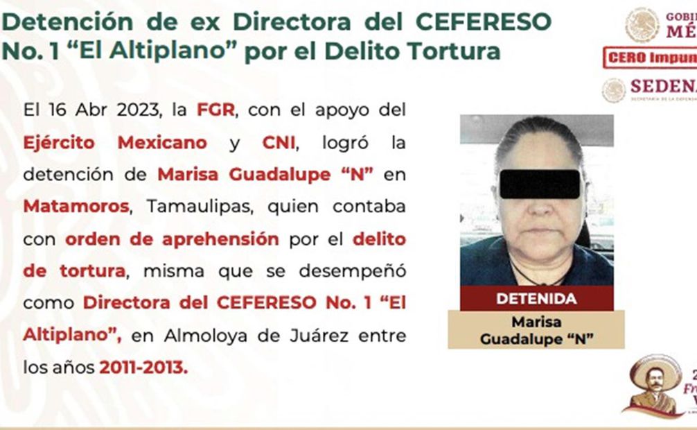 Gobierno comparte ficha de detención a Marissa Guadalupe N por el delito de tortura. Foto: Especial