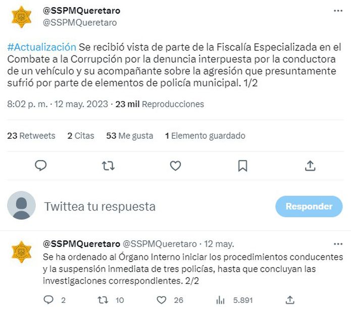 Foto: Twitter Seguridad Pública y Tránsito Municipal de Querétaro
