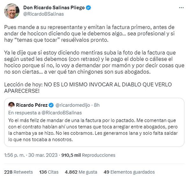 Tweet Salinas Pliego y La Cotorrisa