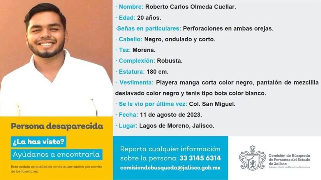 Roberto Carlos Olmeda, desaparecido en Lagos de Moreno, Jalisco. Foto: Especial