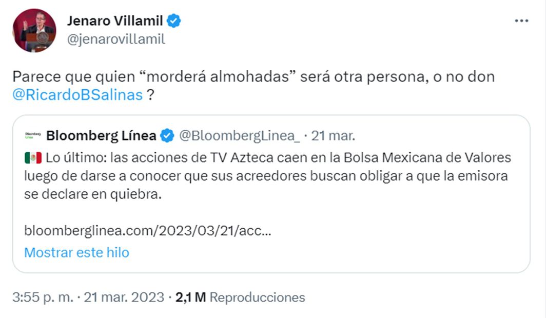 Polémica entre Ricardo Salinas Pliego y Jenaro Villamil en Twitter. Foto: captura de pantalla