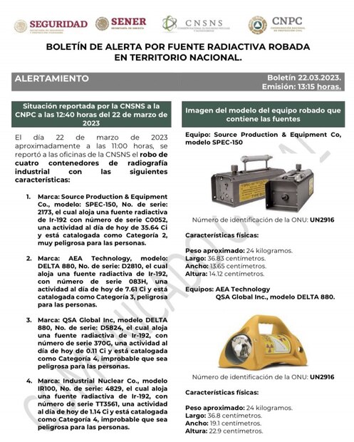 Comisión de Seguridad Nuclear alerta por robo de equipo radioactivo en Guanajuato
