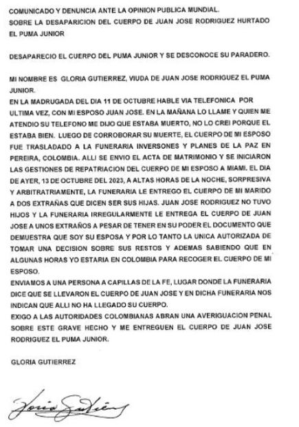 Comunicado de la viuda del Puma Junior, hijo no reconocido de José Luis Rodríguez "El Puma". Foto: Vía redes sociales.
