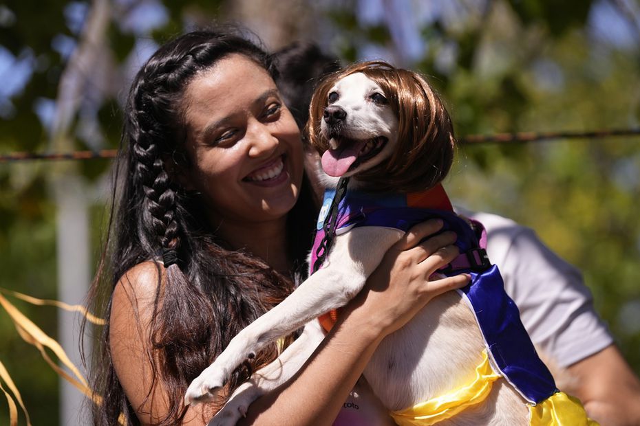 Una mujer sostiene a su perrita llamada "Rebeca" en el desfile de carnaval canino "Blocao", en Río de Janeiro. Foto: AP