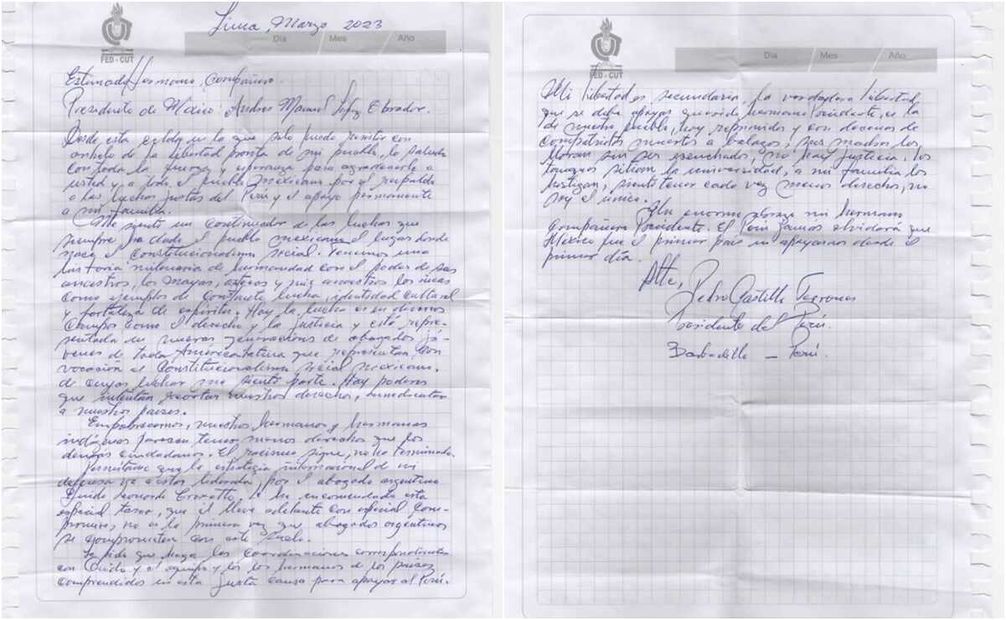 Carta de Pedro Castillo a AMLO desde la prisión tras su destitución. Foto: EL UNIVERSAL