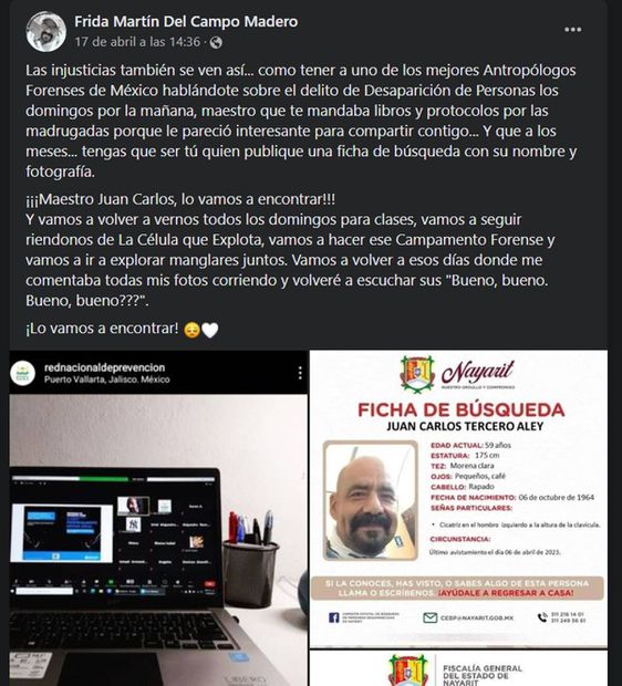 Dedicatoria de alumna para Juan Carlos Tercero Aley, antropólogo forense desaparecido. Foto: Facebook