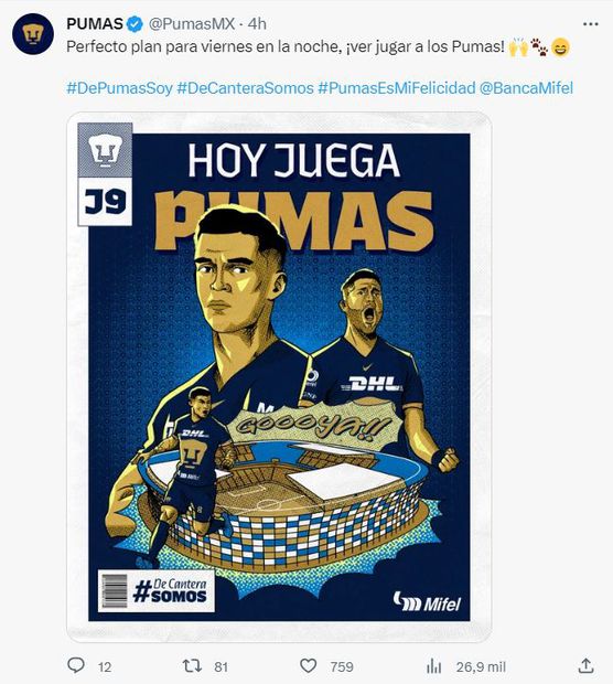 Tuit de Pumas, previo a la Jornada 9 - Foto: @PumasMX en X