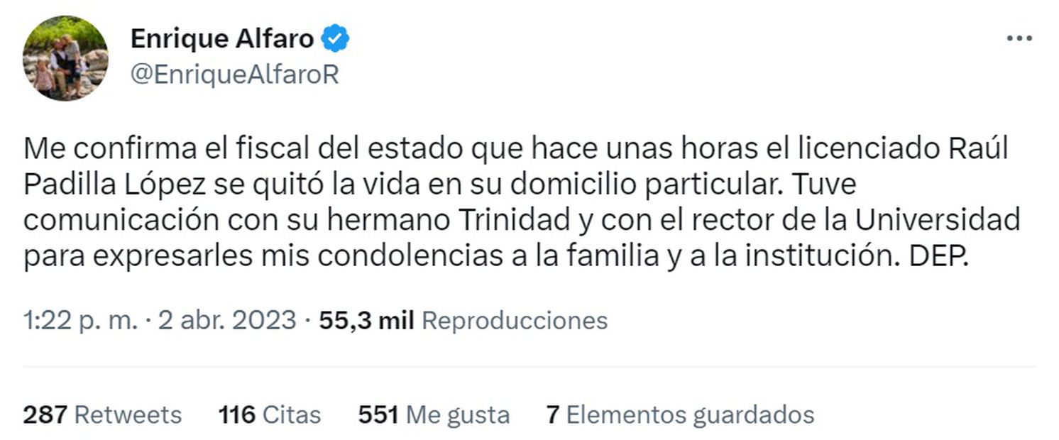 Enrique Alfaro informa sobre fallecimiento del exrector de la UdeG, Raúl Padilla López / Twitter @EnriqueAlfaroR