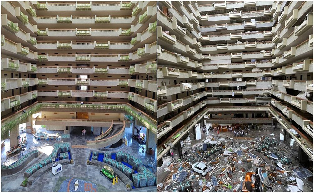 Antes y después del Hotel Princess ante el huracán "Otis". Fotos: X @armandotsx y @volcaholic1
